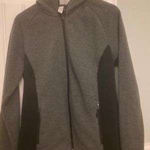 IDEOLOGY HOODED ZIP FRONT JACKET, DARK GRAY with BLACK PANELS